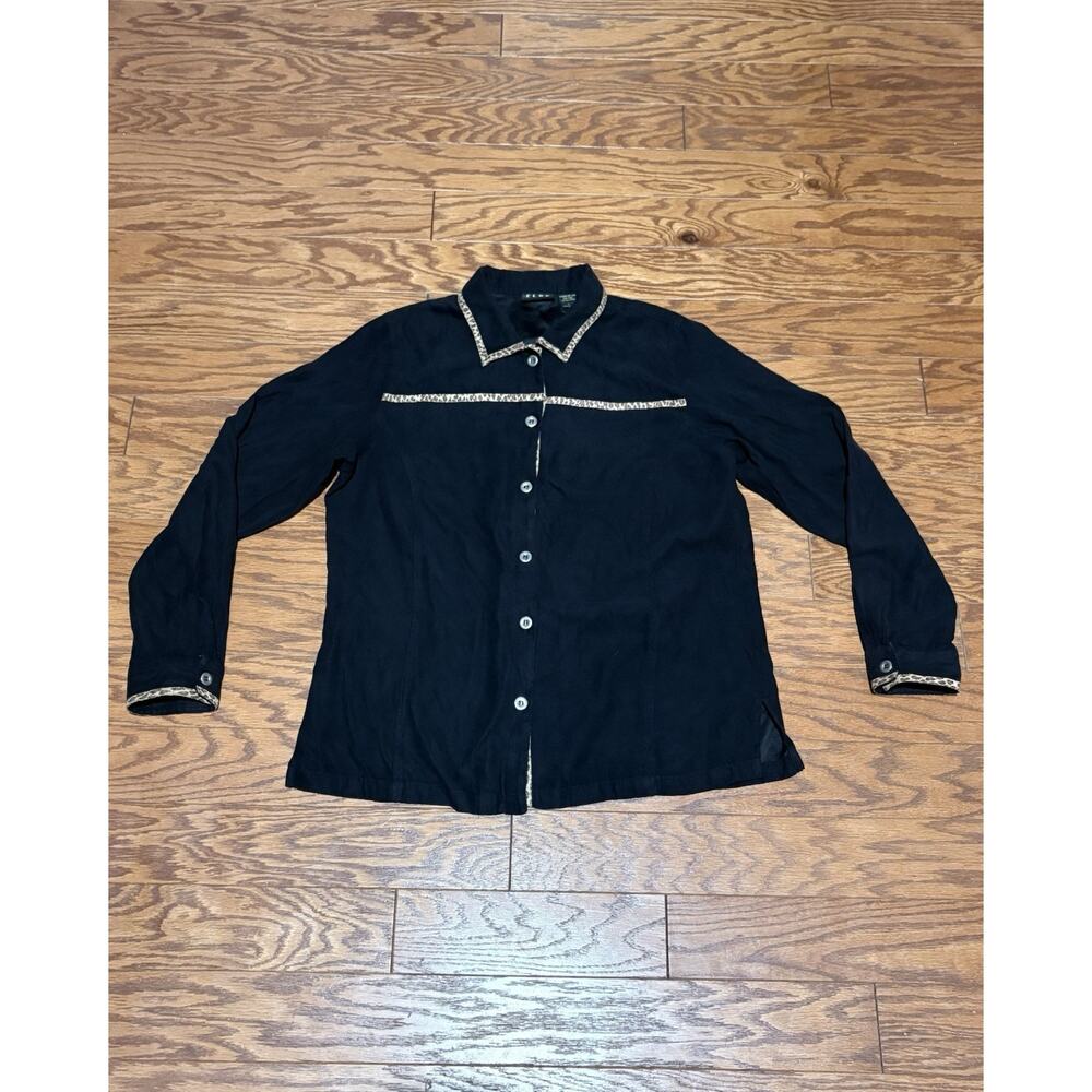 ELCC Women's Black Long Sleeve Button Up Shirt Top w/ Cheetah Print Trim, Sz L